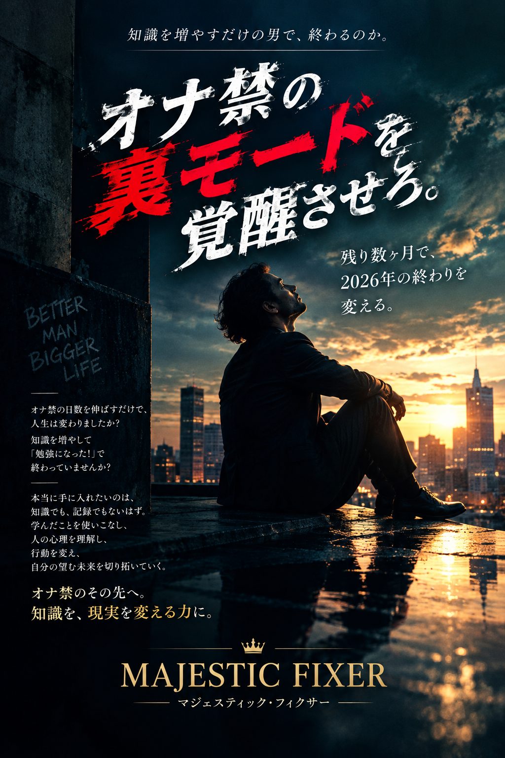 知識を増やすだけの男で、終わるのか。オナ禁の裏モードを覚醒させろ。残り数ヶ月で、2026年の終わりを変える。MAJESTIC FIXER